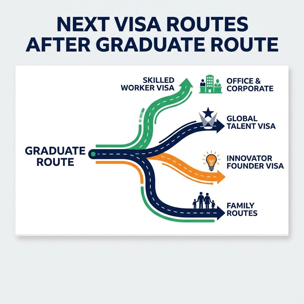 The visa routes a Graduate Route holder can switch to: Skilled Worker, Global Talent, Innovator Founder and family routes